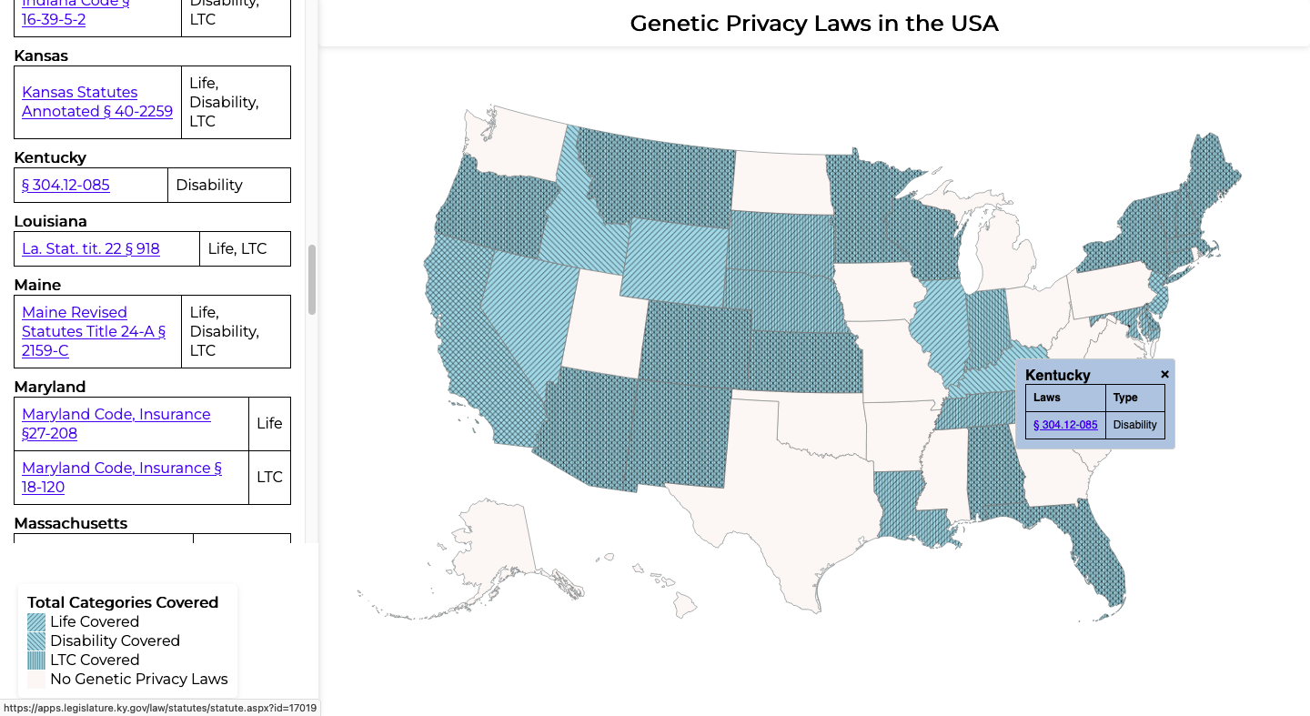 A web map application showing the current state-by-state legal landscape of genetic privacy laws across the United States.